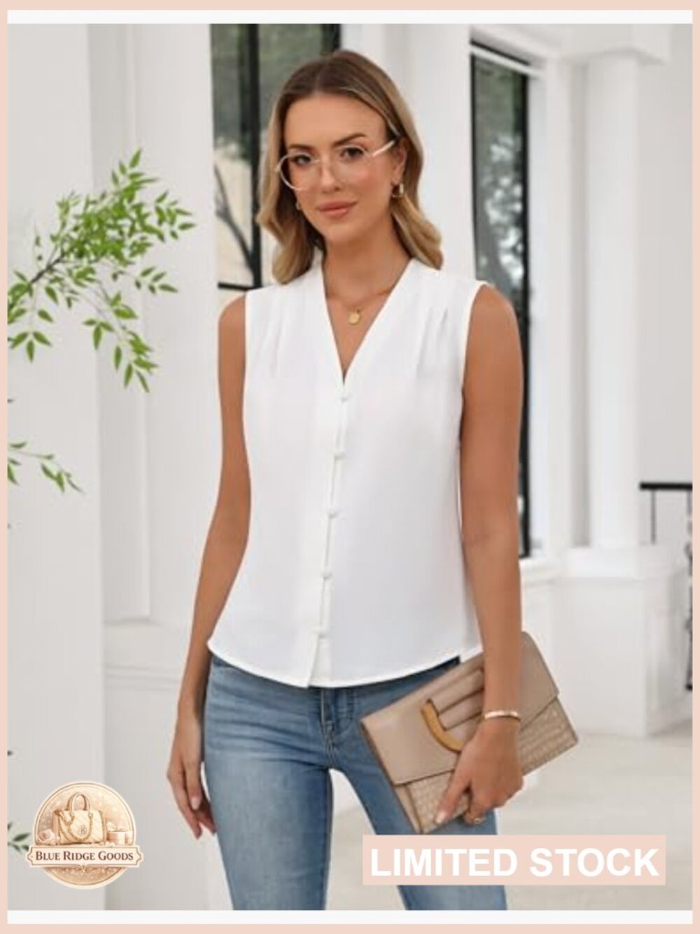 Button Down Tank Top Pleated V Neck Sleeveless Blouse Business Casual Work Top - Picture 5 of 7